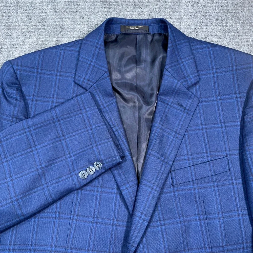 Petrocelli Soren Sport Coat Mens 46L Plaid 100% Wool Blue Glen Check Blazer Work